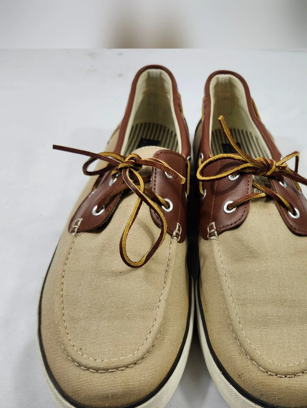 Polo Ralph Lauren Mens 14 D Tan Canvas Boat Shoes with Brown Leather Trim